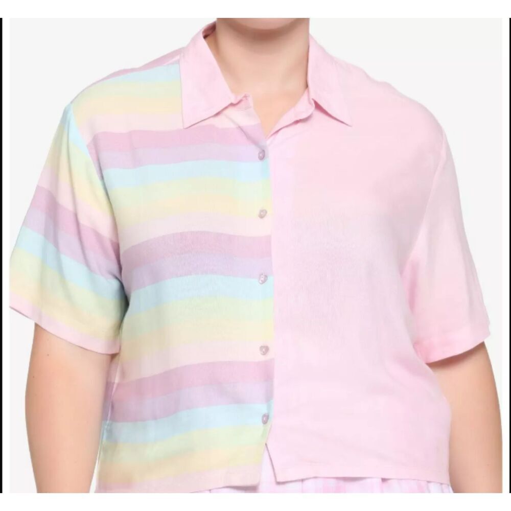 Hot Topic Pastel Stripe Split Boxy Crop Woven Button-Up Unicorn Cotton Candy L